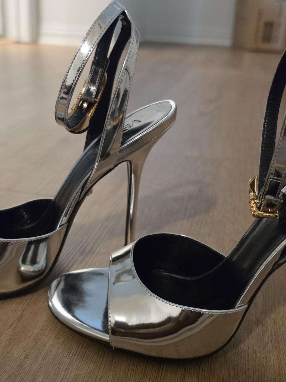 Versace Silver Mirror Metallic Open-Toe Stiletto Sandals with Gold Buckle - Picture 7 of 8